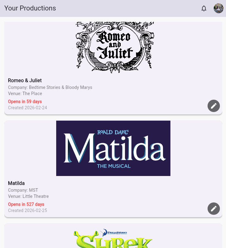 Productions dashboard showing production cards with cover images, countdown timers, and action buttons