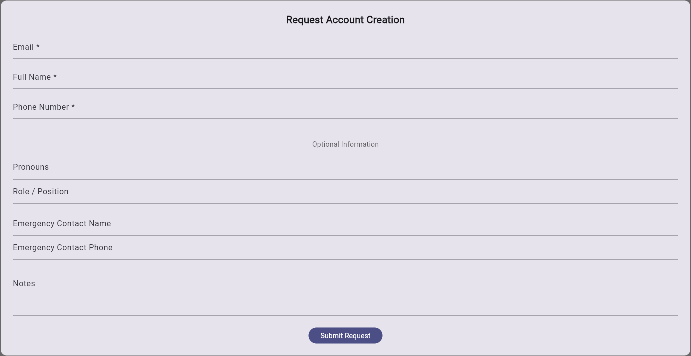 Request account creation form