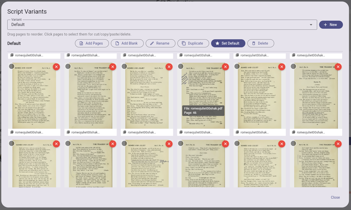 Variants manager — page grid with reorder, cut/copy/paste, and add controls