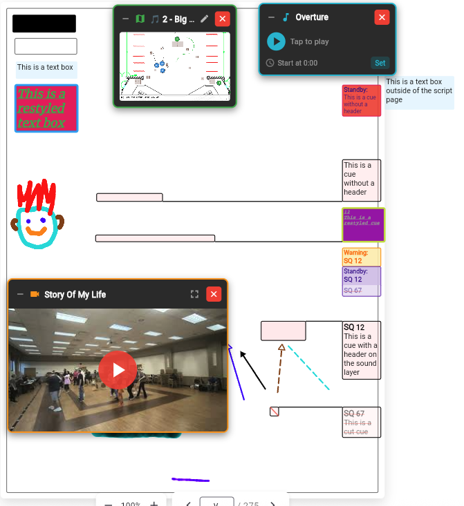 Highlight types — basic, text, blackout, whiteout, and warning/standby examples on a script page