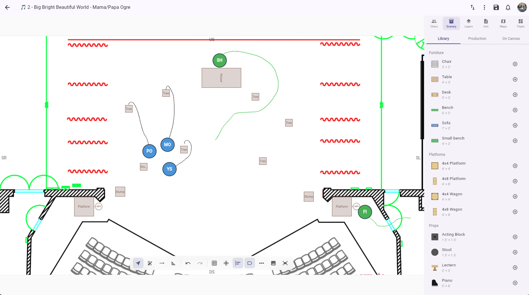 Blocking editor — full layout with canvas, info bar, and sidebar