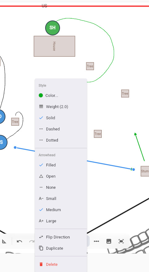 Arrow tool — arrow on canvas with context menu showing style options