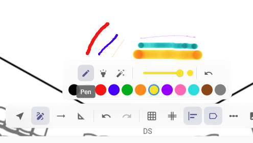 Freehand drawing toolbar — pen, highlighter, eraser, color palette, and stroke width