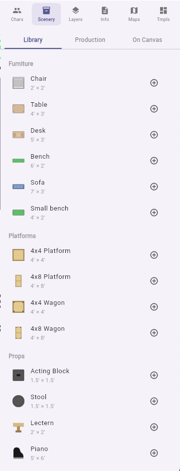 Scenery panel — library items, production assets, and on-canvas list