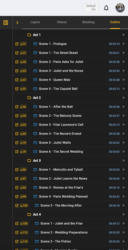 Outline panel — production structure tree with timers and run time calculator