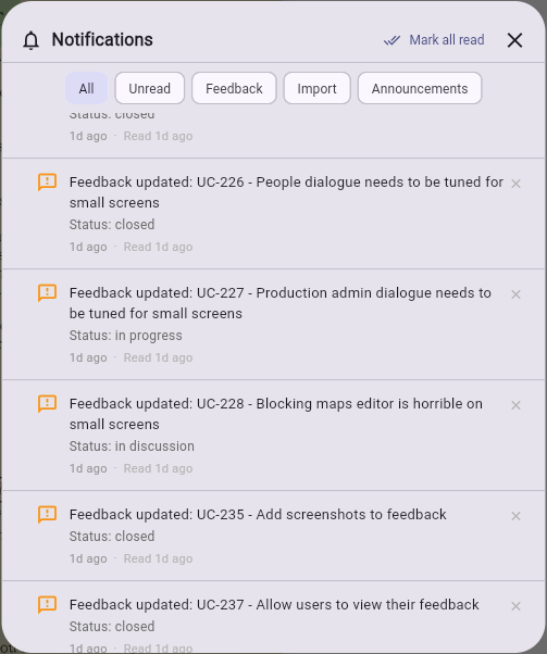 Notification panel — notification list with filter tabs